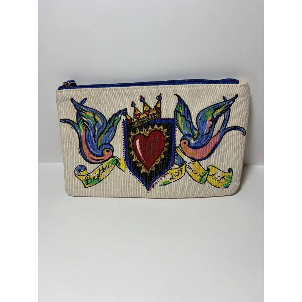 Brighton Love of Art 2019 Canvas Pouch Tattoo Swallows Sacred Heart Cream Blue
